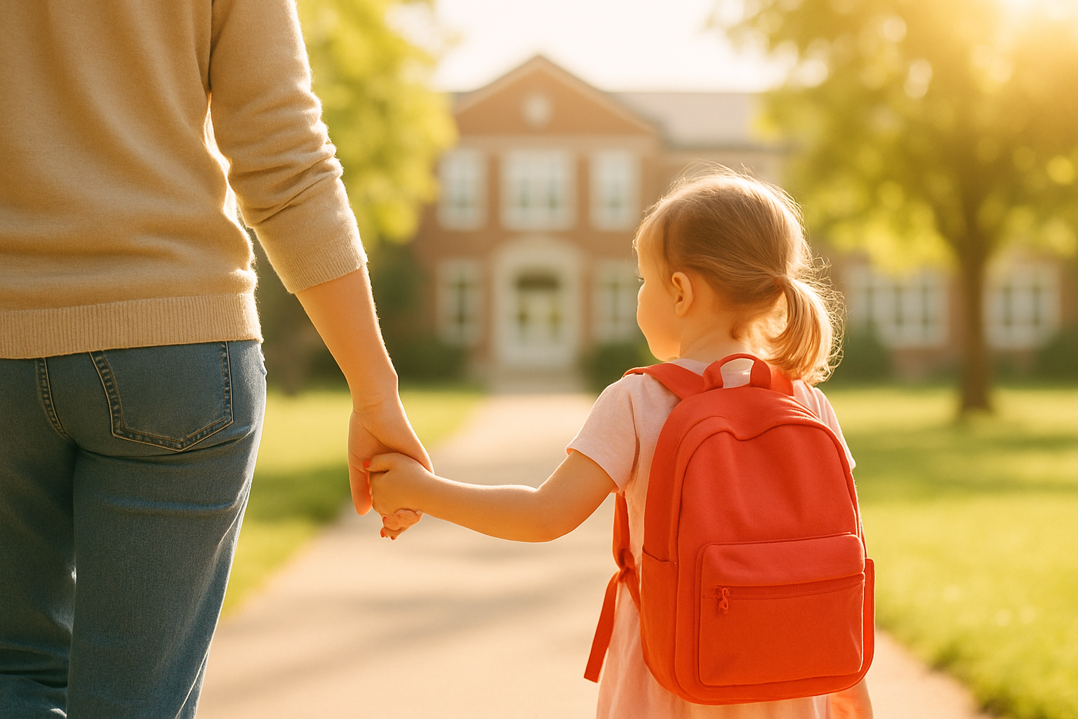 A sweet image of a parent holding a young childs hand as they walk toward a school for the first day of school It should be bright and have a sweet nurturing feeling but the school building should be a little off in the distance so that the details o