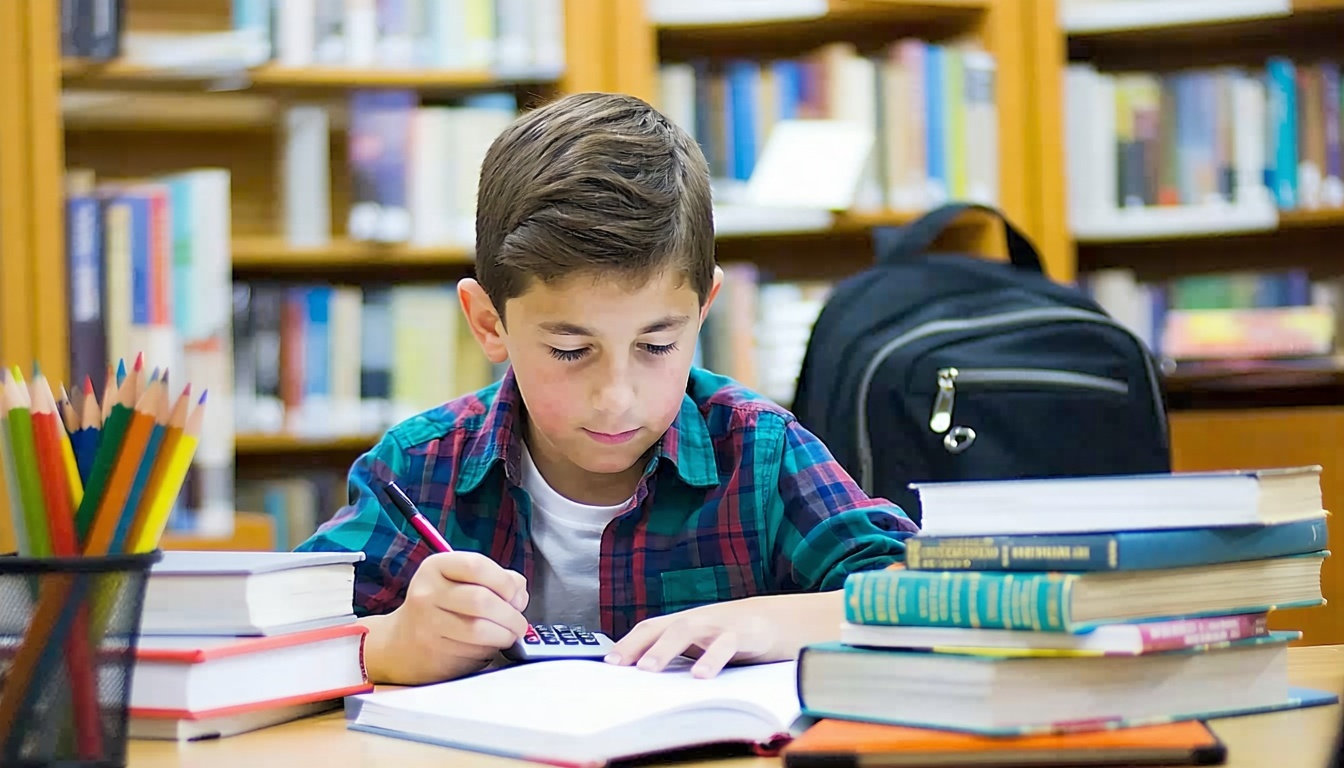 A young student sitting at a desk in a library doing his homework He should be focused on a calculator and be surrounded by his books pencils laptop and backpack